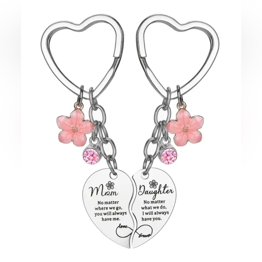 Heart-Shaped Mom Daughter Keychains with Pink Flowers